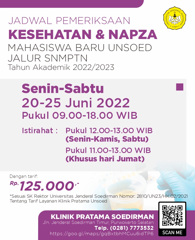 Klinik Pratama Soedirman Layani Pemeriksaan Napza Mahasiswa Baru Jalur SNMPTN