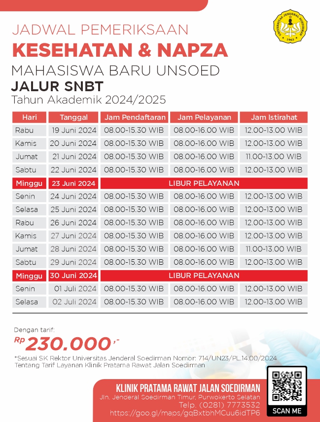 Jadwal Pelayanan Tes Kesehatan dan NAPZA Mahasiswa Baru UNSOED Jalur Seleksi Nasional Berbasis Tes (SNBT) Tahun Akademik 2024/2025