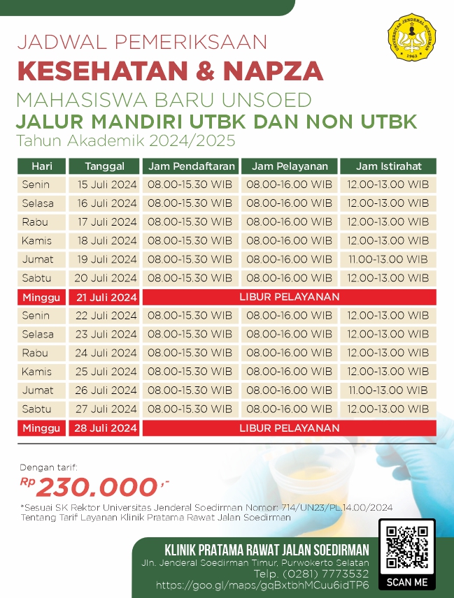 Jadwal Pelayanan Tes Kesehatan dan NAPZA Mahasiswa Baru UNSOED Jalur Mandiri UTBK dan Non UTBK Tahun Akademik 2024/2025