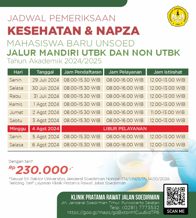 Jadwal Pelayanan Tes Kesehatan dan NAPZA Mahasiswa Baru UNSOED Jalur Mandiri UTBK dan Non UTBK Tahun Akademik 2024/2025