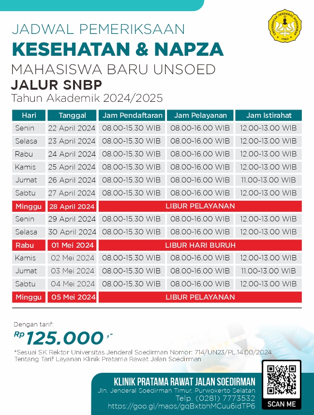 Jadwal Pelayanan Tes Kesehatan dan NAPZA Mahasiswa Baru UNSOED Jalur Seleksi Nasional Berbasis Prestasi (SNBP) Tahun Akademik 2024/2025