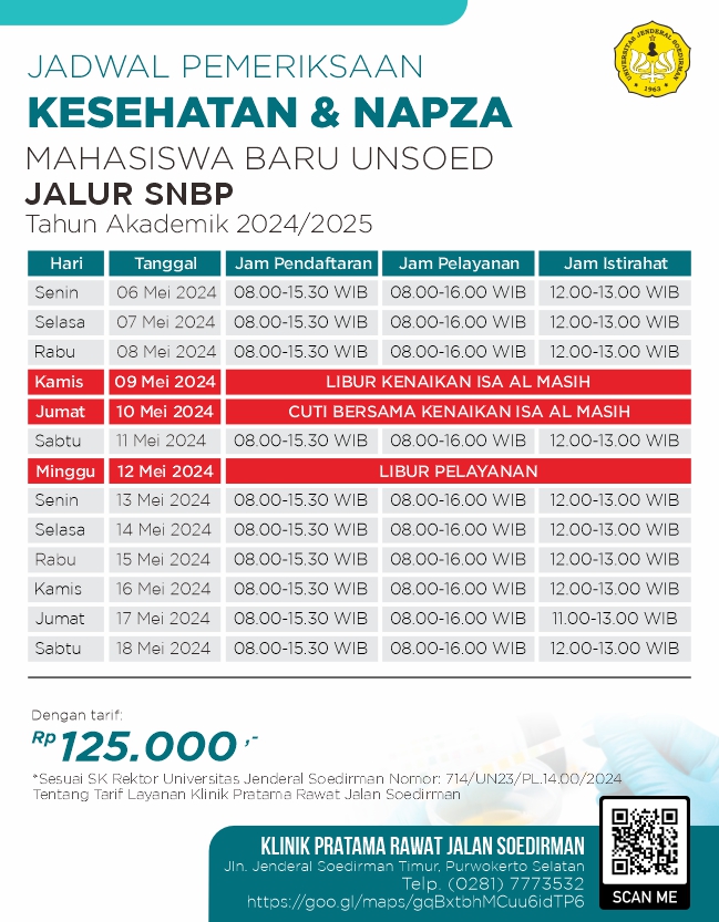 Jadwal Pelayanan Tes Kesehatan dan NAPZA Mahasiswa Baru UNSOED Jalur Seleksi Nasional Berbasis Prestasi (SNBP) Tahun Akademik 2024/2025