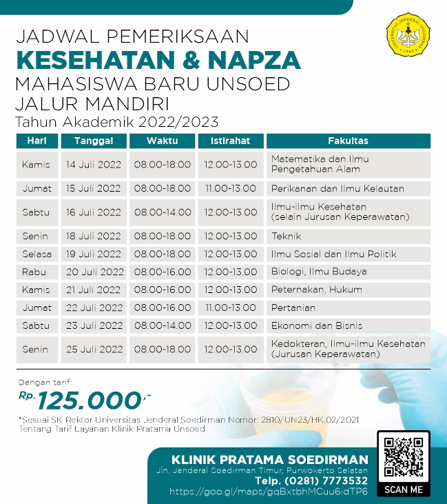 Jadwal Pelayanan Tes Kesehatan dan Napza Mahasiswa Baru Unsoed Jalur Mandiri
