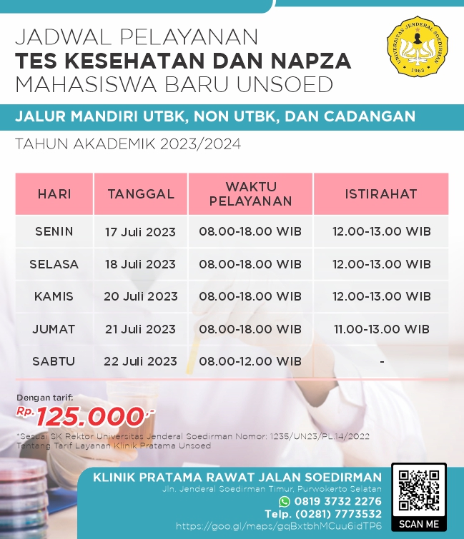 Jadwal Pelayanan Tes Kesehatan dan NAPZA Mahasiswa Baru UNSOED Jalur Mandiri UTBK, Non UTBK, dan Cadangan Tahun Akademik 2023/2024
