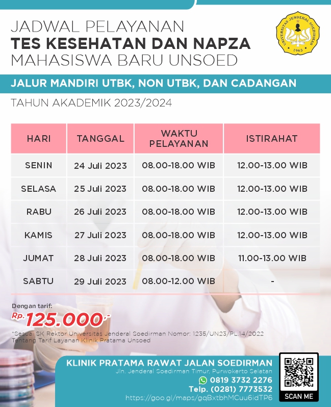 Jadwal Pelayanan Tes Kesehatan dan NAPZA Mahasiswa Baru UNSOED Jalur Mandiri UTBK, Non UTBK, dan Cadangan Tahun Akademik 2023/2024