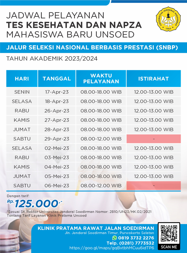 Jadwal Pelayanan Tes Kesehatan dan NAPZA Mahasiswa Baru UNSOED  Jalur Seleksi Nasional Berbasis Prestasi (SNBP) Tahun Akademik 2023/2024