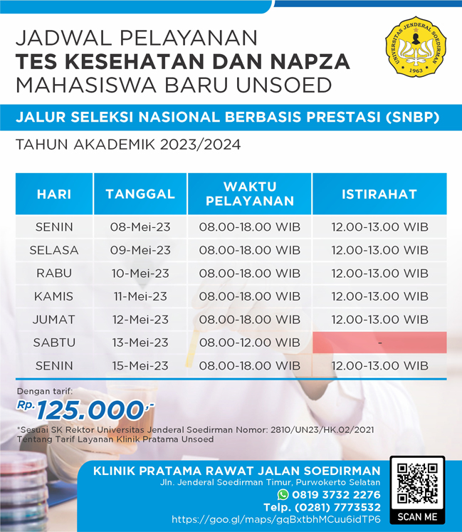 Jadwal Pelayanan Tes Kesehatan dan NAPZA Mahasiswa Baru UNSOED  Jalur Seleksi Nasional Berbasis Prestasi (SNBP) Tahun Akademik 2023/2024